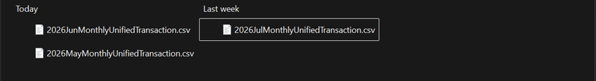 Downloads folder showing three downloaded CSV files named with year, month abbreviation, and MonthlyUnifiedTransaction
