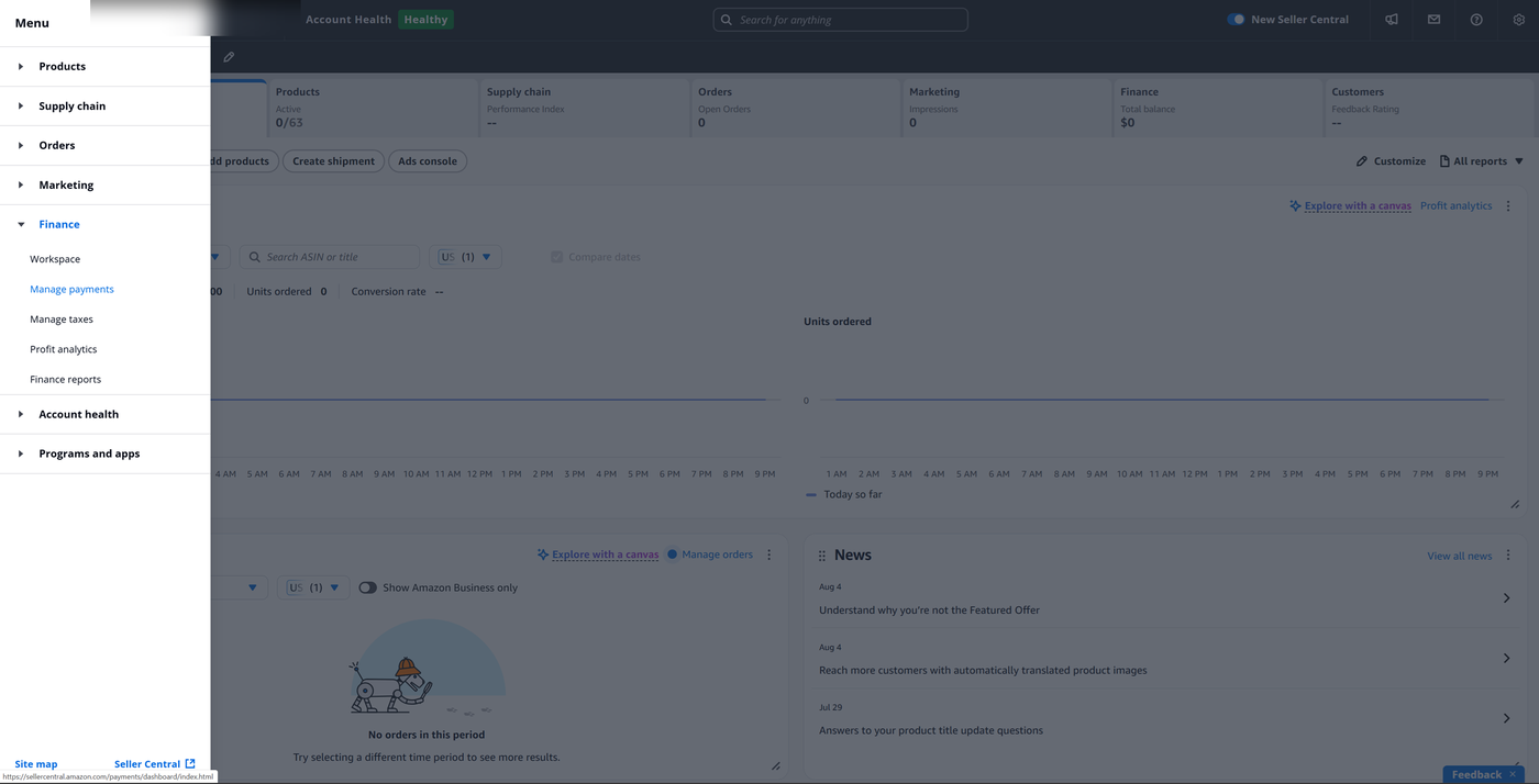 Seller Central new layout: Menu expanded to Finance, with Manage payments highlighted