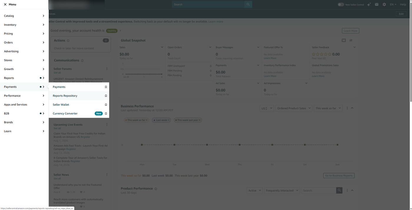 Seller Central classic layout: Menu expanded to Payments, with Reports Repository highlighted