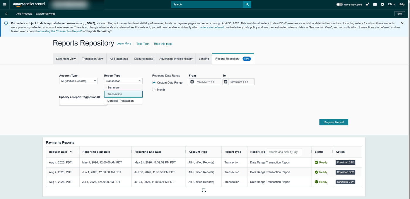 Report Type set to Transaction, with Month and Year dropdowns for the reporting date range