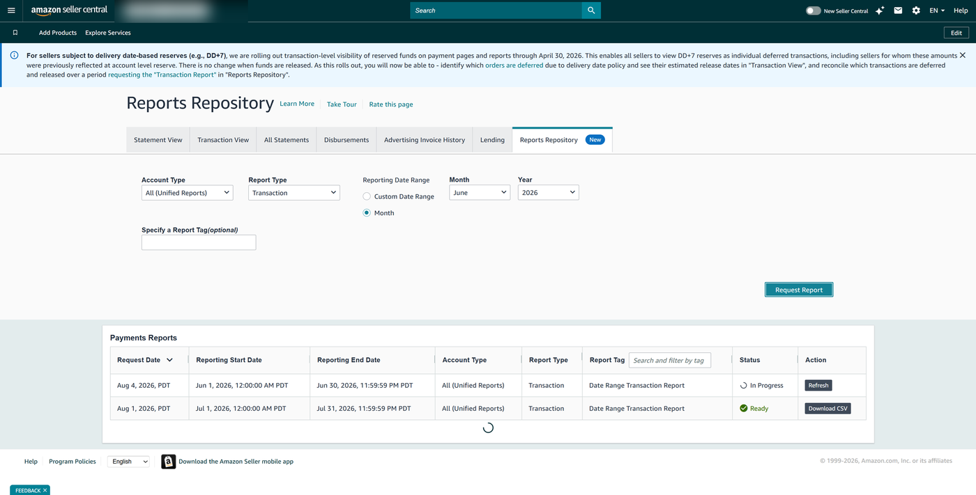 Payments Reports table showing one report In Progress and another Ready with a Download CSV button