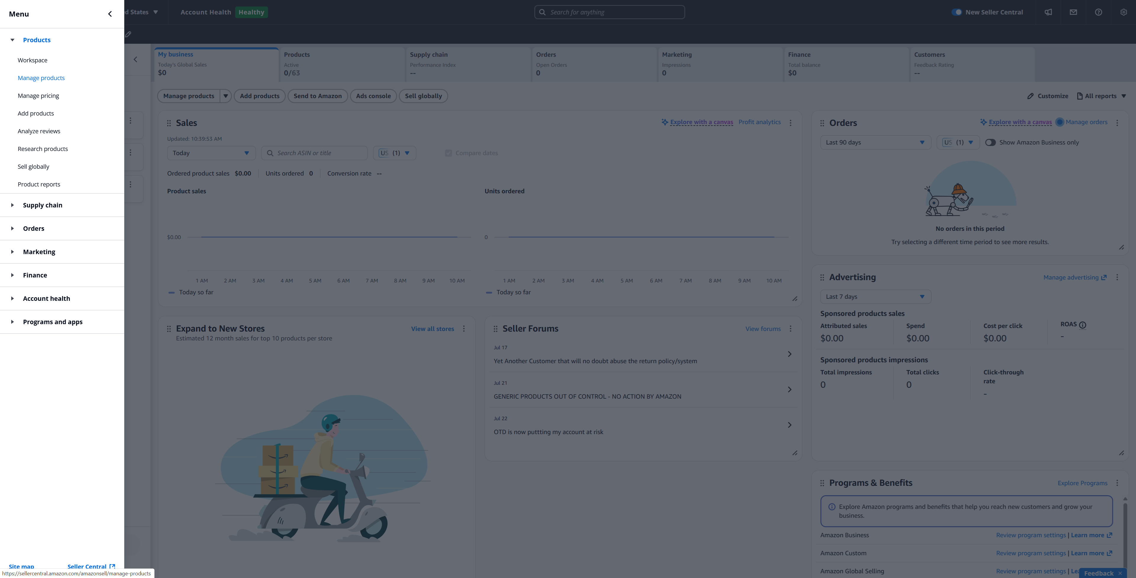 Seller Central new layout: Menu expanded to Products, with Manage products highlighted
