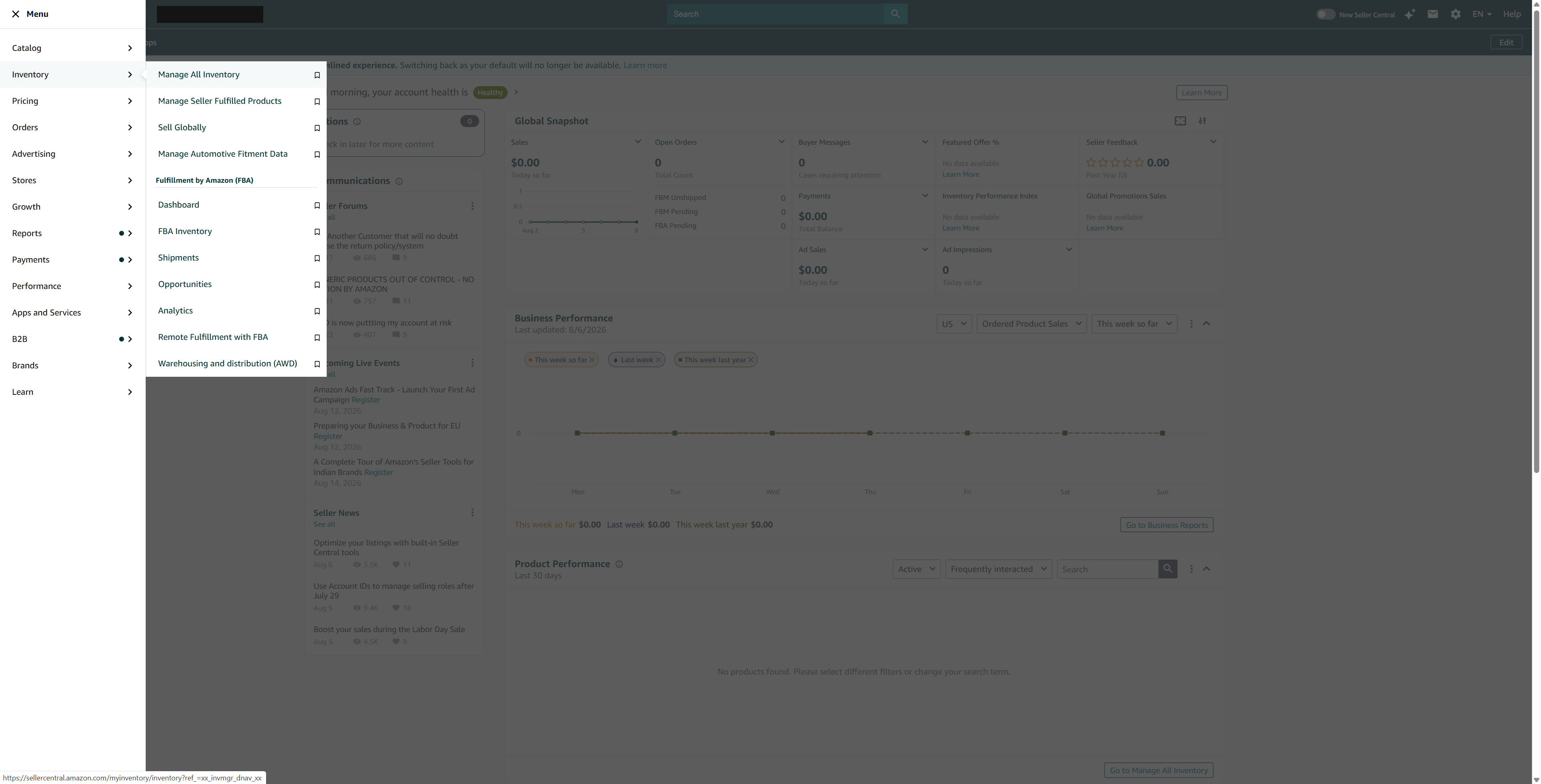 Seller Central classic layout: Menu expanded to Inventory, with Manage All Inventory highlighted