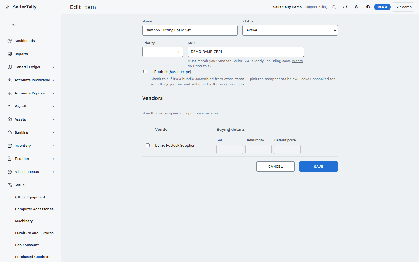 SellerTally Edit Item screen showing the Name, Status, Priority and SKU fields, with the “Is Product (has a recipe)” checkbox and its explanation directly underneath the SKU field